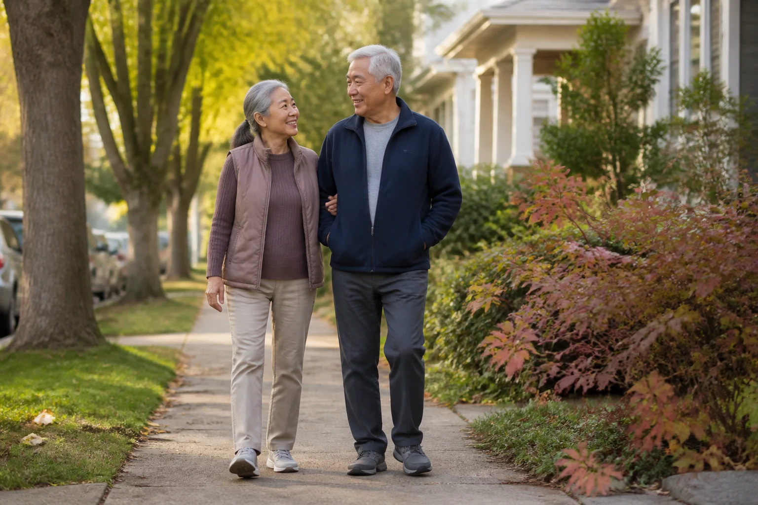 An older couple walking arm in arm down a tree-lined neighborhood sidewalk