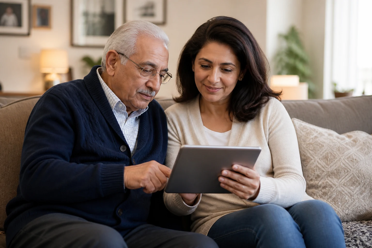 An older father and his adult daughter looking over information together on a tablet