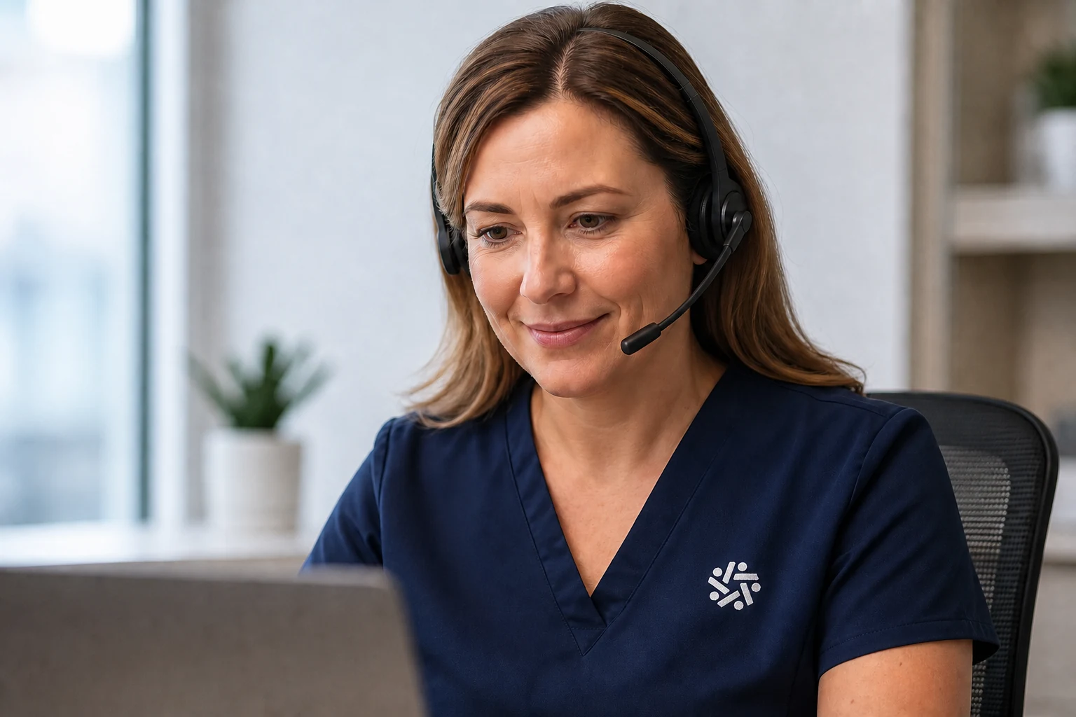 A Pair Team care advocate in navy scrubs wearing a headset, working at her desk
