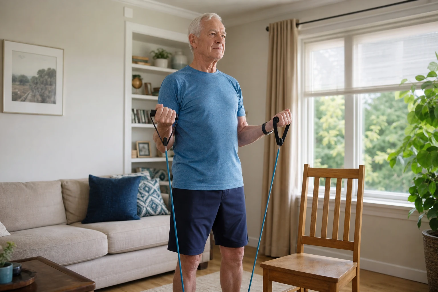 An older man exercising with resistance bands in his living room